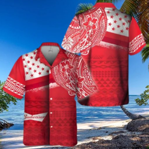 Red Aloha Budweiser Beer Hawaiian Shirt Polynesian Pattern