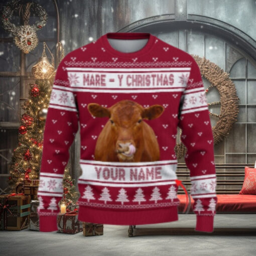 Red Angus Mare Y Christmas Ugly Sweater Xmas, Custom Cow Ugly Sweatshirt Gift For Farmer Cow Lover