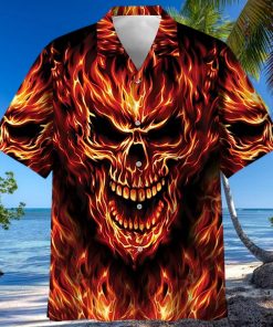 Red Flame Skull Art – Skull Unisex Hawaiian Shirt Summer Hawaiian