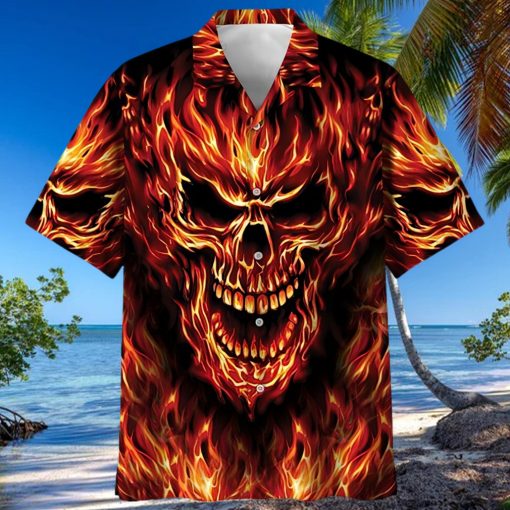 Red Flame Skull Art – Skull Unisex Hawaiian Shirt Summer Hawaiian