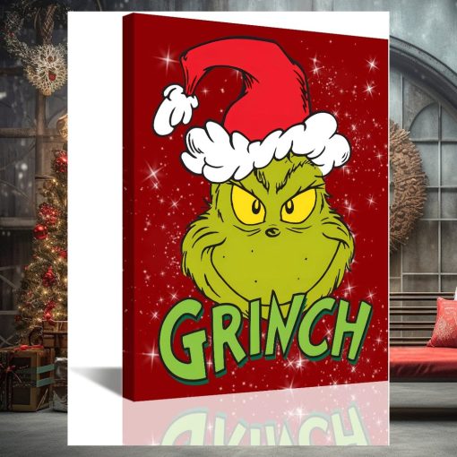 Red Fun Cute Grinch Themed Xmas Holiday Kids Wall Art Grinch Christmas Canvas Prints Rustic Artwork Christmas Tree Poster