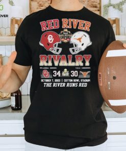 Red River Rivalry Oklahoma Sooners 34 Texas Longhorns 30 October 7, 2023 Cotton Bowl Stadium The River Runs Red T Shirt