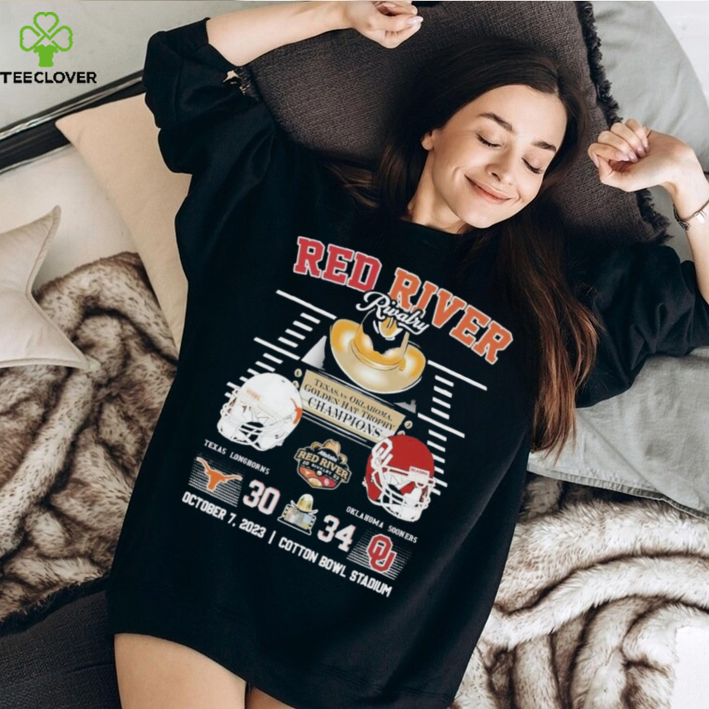 Red River Rivalry Texas Vs Oklahoma Golden Hat Trophy Champions Texas Longhorns 30 Oklahoma Sooners 34 October 7, 2023 Cotton Bowl Stadium T Shirt Red River Rivalry Texas Vs Oklahoma Golden Hat Trophy Champions Texas Longhorns 30 Oklahoma Sooners 34 October 7, 2023 Cotton Bowl Stadium T Shirt