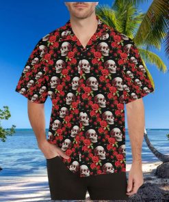 Red Rose Skull Design Print Hawaiian Shirt