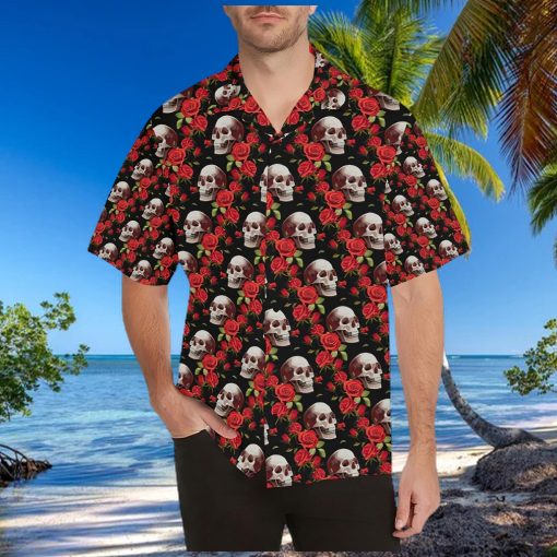 Red Rose Skull Design Print Hawaiian Shirt