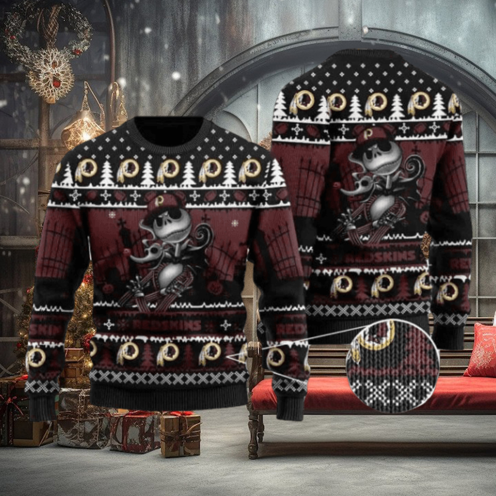Redskins Jack Skellington Halloween Knitted Ugly Christmas Sweater Redskins Jack Skellington Halloween Knitted Ugly Christmas Sweater