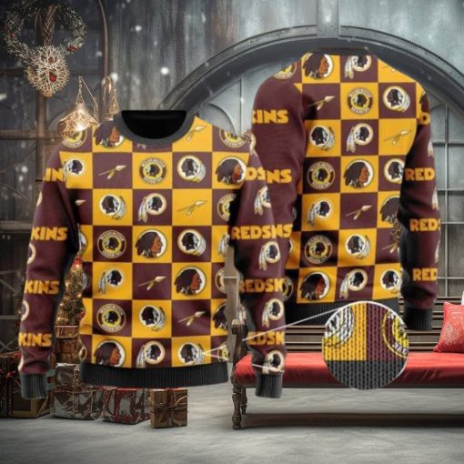 Redskins Logo Checkered Flannel Design Knitted Ugly Christmas Sweater