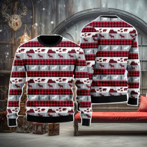 Reindeer And Beer On Buffalo Plaid Pattern Christmas Unisex Ugly Sweater
