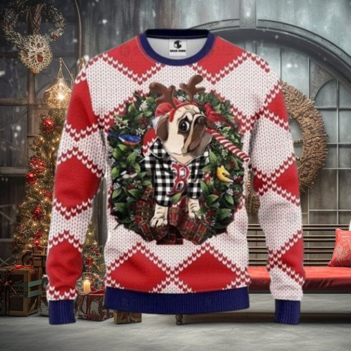 Reindeer Pug Dog Boston Red Sox Christmas Ugly Sweater