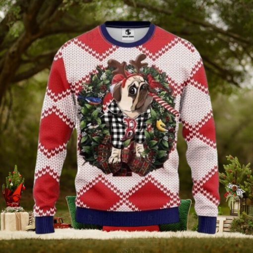 Reindeer Pug Dog Boston Red Sox Christmas Ugly Sweater