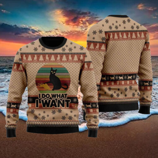 Retro Black Cat I Do What I Want Ugly Christmas Sweater