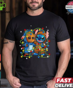 Retro Cute Friends Stitch And Baby Groot Christmas Lights Shirt
