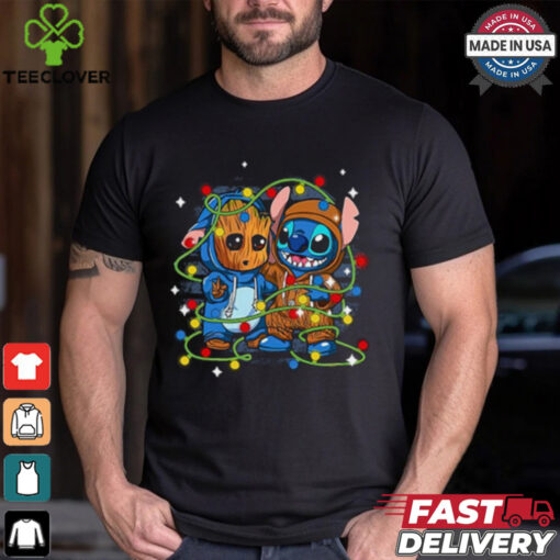 Retro Cute Friends Stitch And Baby Groot Christmas Lights Shirt