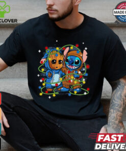 Retro Cute Friends Stitch And Baby Groot Christmas Lights Shirt