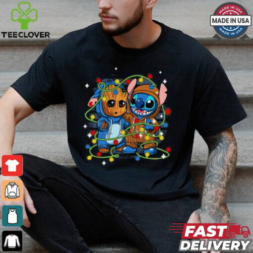 Retro Cute Friends Stitch And Baby Groot Christmas Lights Shirt