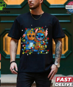 Retro Cute Friends Stitch And Baby Groot Christmas Lights Shirt