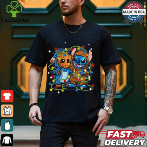 Retro Cute Friends Stitch And Baby Groot Christmas Lights Shirt