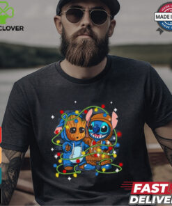 Retro Cute Friends Stitch And Baby Groot Christmas Lights Shirt