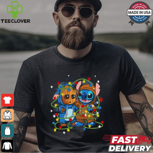 Retro Cute Friends Stitch And Baby Groot Christmas Lights Shirt