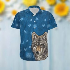 Retro Vintage Style Wolf Hippie Sun Stars Custom Name Hawaiian Aloha Tropical Beach Button Up Shirt For Men In Summer