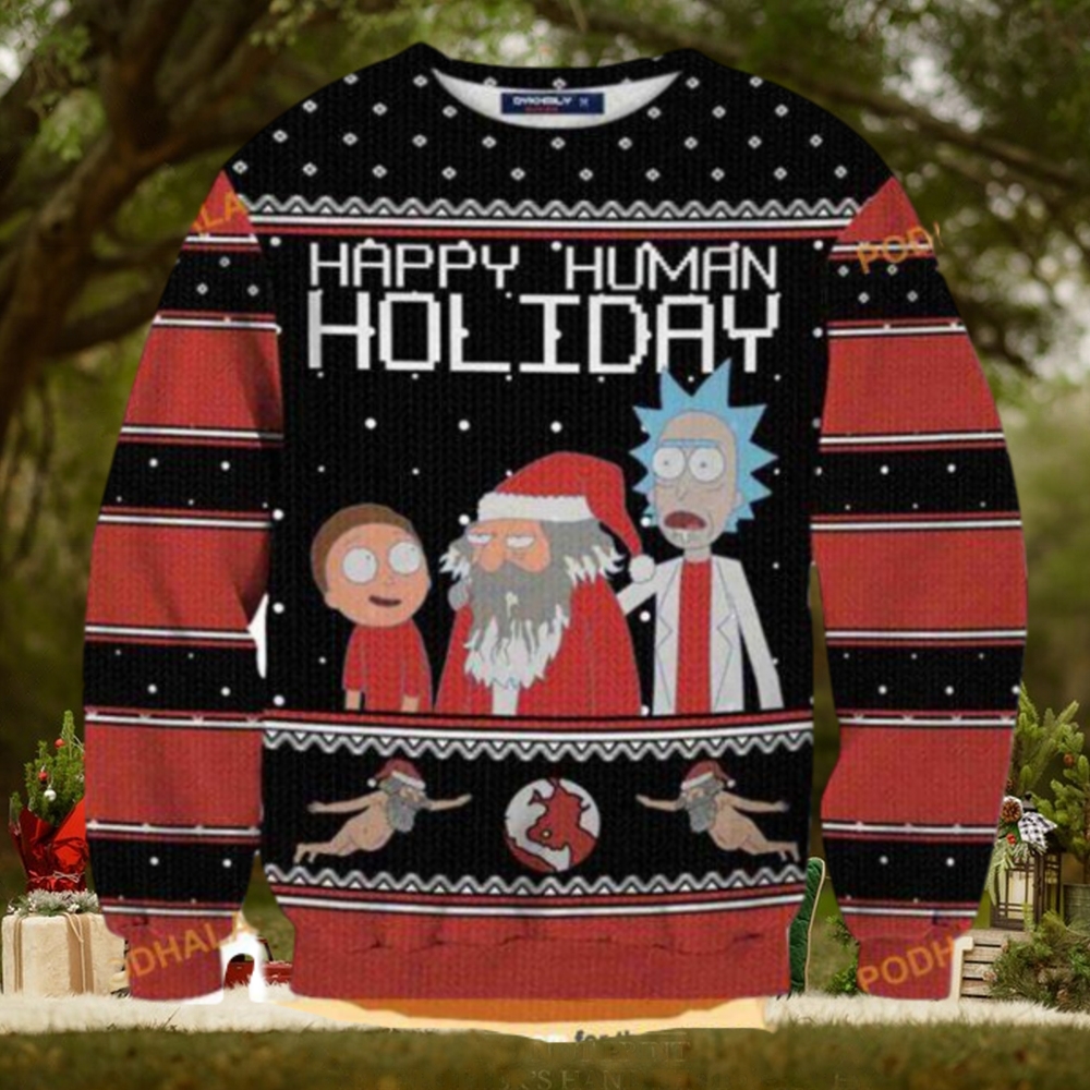 Rick And Morty Happy Human Holiday 3D Sweater, Funny Sweater Rick And Morty Happy Human Holiday 3D Sweater, Funny Sweater
