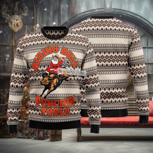Riding Bulls Punchin Fools Santa Cowboy Xmas Sweaters For Ladies