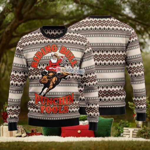 Riding Bulls Punchin Fools Santa Cowboy Xmas Sweaters For Ladies