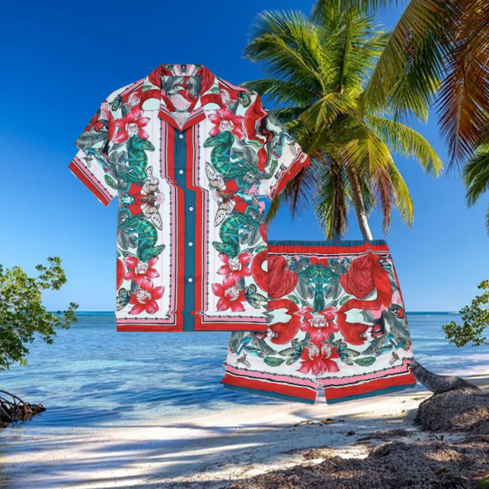 Flamingo Tiki Tropical Flowers Hawaiian Shirt And Short Flamingo Tiki Tropical Flowers Hawaiian Shirt And Short