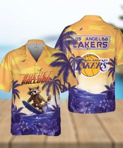 Rocket Raccoon And Los Angeles Lakers Hawaiian Shirt Gift For NBA Fans