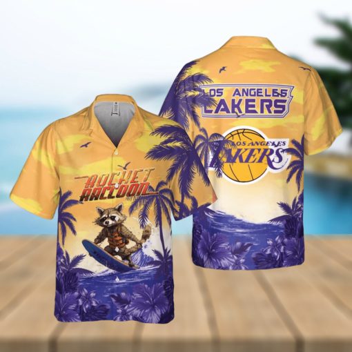 Rocket Raccoon And Los Angeles Lakers Hawaiian Shirt Gift For NBA Fans