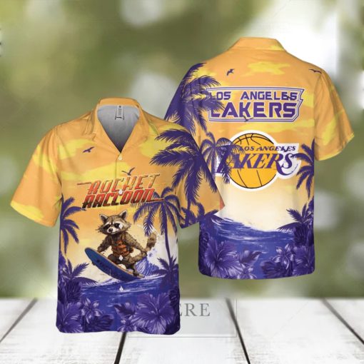 Rocket Raccoon And Los Angeles Lakers Hawaiian Shirt Gift For NBA Fans