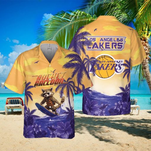 Rocket Raccoon And Los Angeles Lakers Hawaiian Shirt Gift For NBA Fans