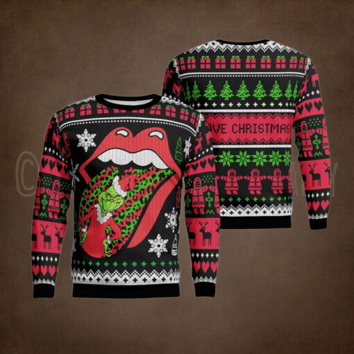 Rolling Stones Big Tongue Unexpected Grinch Stole The Tongue Ugly Christmas Sweater
