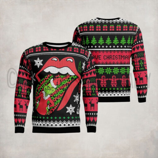 Rolling Stones Big Tongue Unexpected Grinch Stole The Tongue Ugly Christmas Sweater