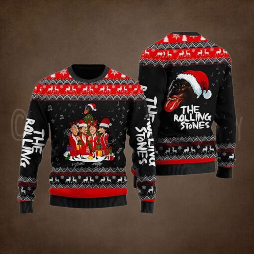 Rolling Stones Caricatures And Santa Monkey Funny Christmas Ugly Sweater 2024