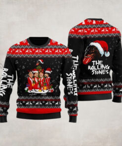 Rolling Stones Caricatures And Santa Monkey Funny Christmas Ugly Sweater 2024
