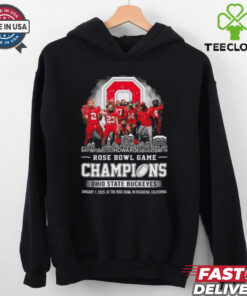 Rose Bowl Game Champions 2025 Ohio State Buckeyes T-shirt, featuring players' names and skyline design, unisex fit, Ohio State football fan gear, Rose Bowl victory shirt.