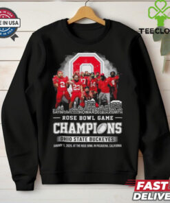 Rose Bowl Game Champions 2025 Ohio State Buckeyes T-shirt, featuring players' names and skyline design, unisex fit, Ohio State football fan gear, Rose Bowl victory shirt.