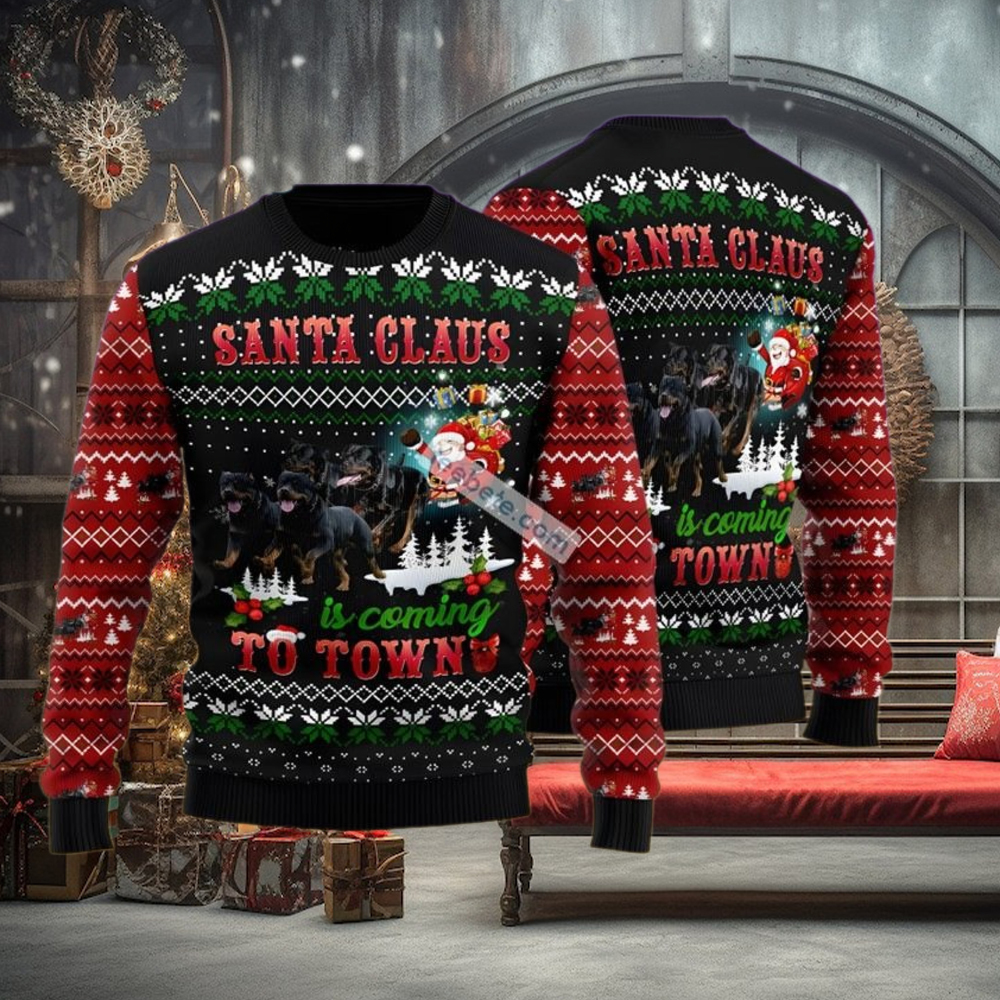 Rottweiler Santa Claus To Town Black Red Funny Christmas Sweaters Rottweiler Santa Claus To Town Black Red Funny Christmas Sweaters