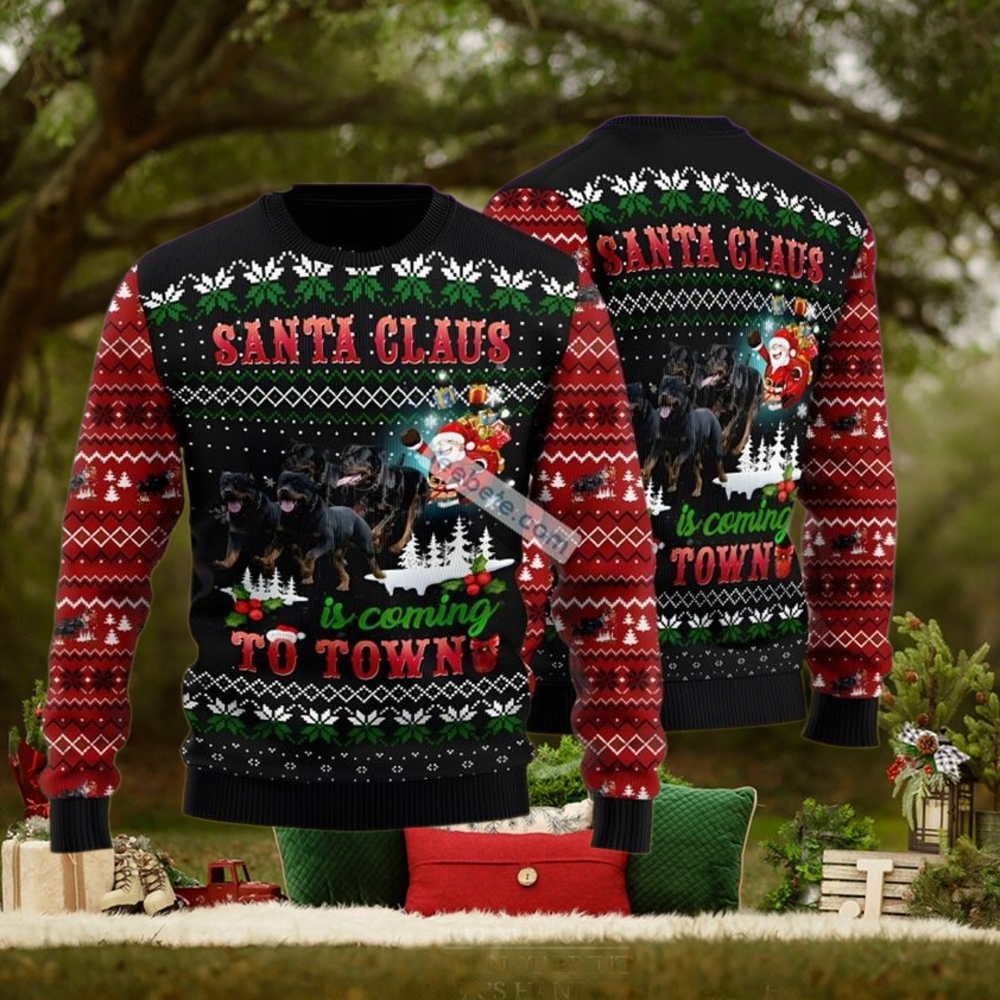 Rottweiler Santa Claus To Town Black Red Funny Christmas Sweaters Rottweiler Santa Claus To Town Black Red Funny Christmas Sweaters