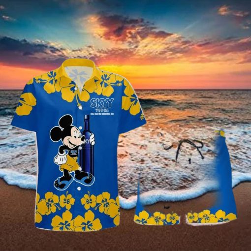 SKYY Vodka Mickey Mouse Hibicus Flower Gift Hawaiian Set Shirt