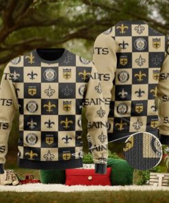 Saints Logo Checkered Flannel Design Knitted Ugly Christmas Sweater