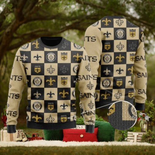 Saints Logo Checkered Flannel Design Knitted Ugly Christmas Sweater