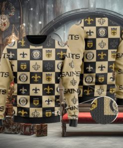 Saints Logo Checkered Flannel Design Knitted Ugly Christmas Sweater
