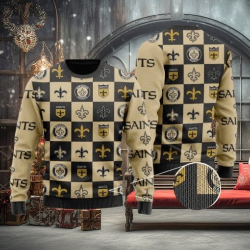 Saints Logo Checkered Flannel Design Knitted Ugly Christmas Sweater