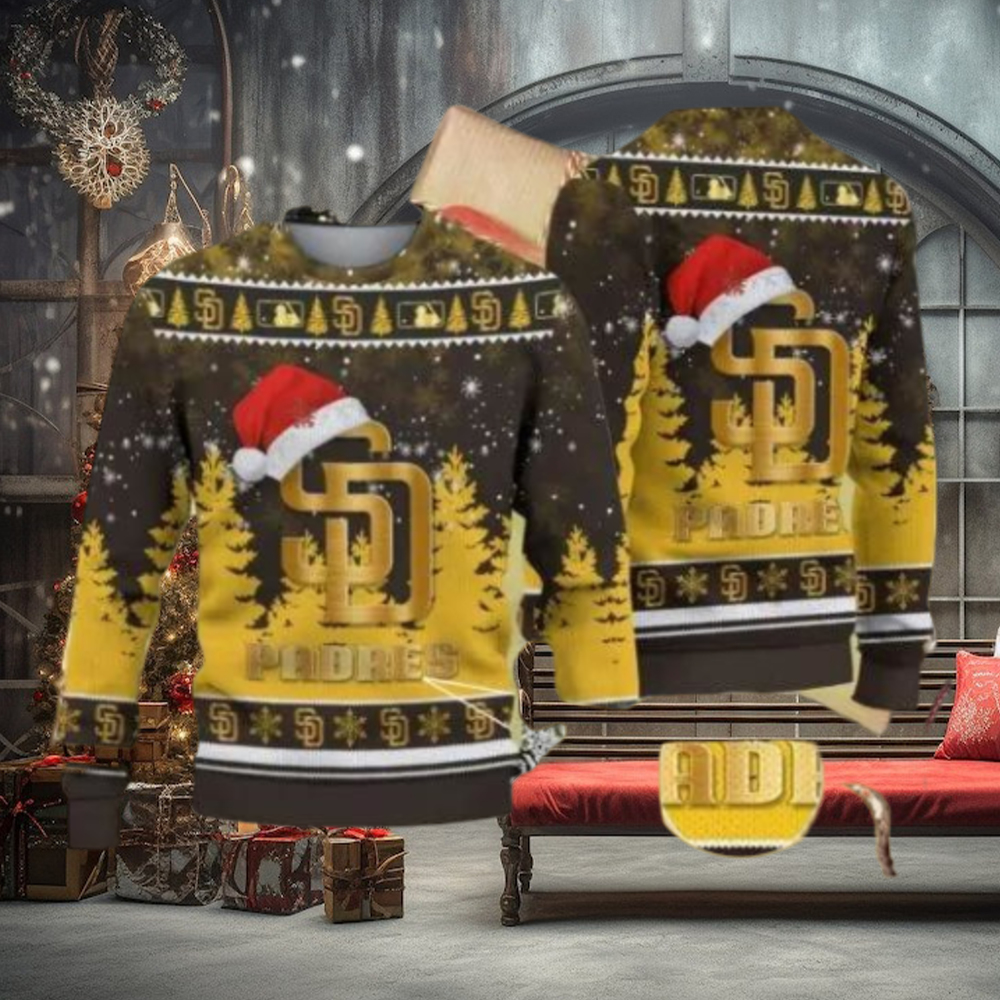 San Diego Padres Logo Golden Fans Santa Hat Tree Ugly Xmas Ugly Sweater San Diego Padres Logo Golden Fans Santa Hat Tree Ugly Xmas Ugly Sweater