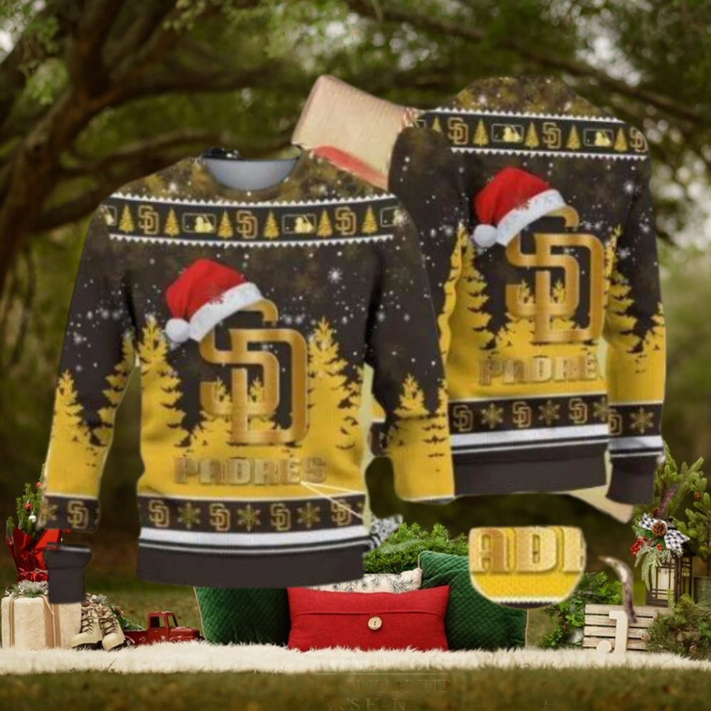 San Diego Padres Logo Golden Fans Santa Hat Tree Ugly Xmas Ugly Sweater San Diego Padres Logo Golden Fans Santa Hat Tree Ugly Xmas Ugly Sweater
