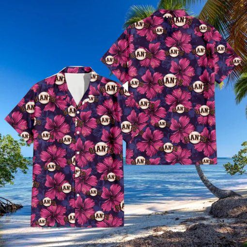 San Francisco Giants Plum Vilolet Hibiscus Dark Navy Leaf Black 3D Hawaiian Shirt Gift For Fans