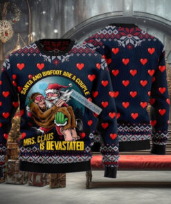 Santa And Bigfoot Couple Blue Big And Tall Christmas Sweaters