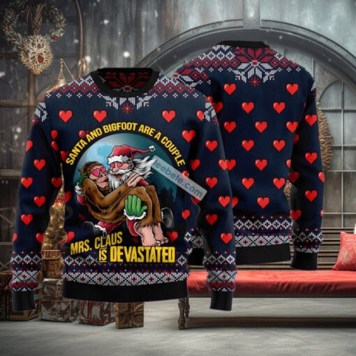 Santa And Bigfoot Couple Blue Big And Tall Christmas Sweaters